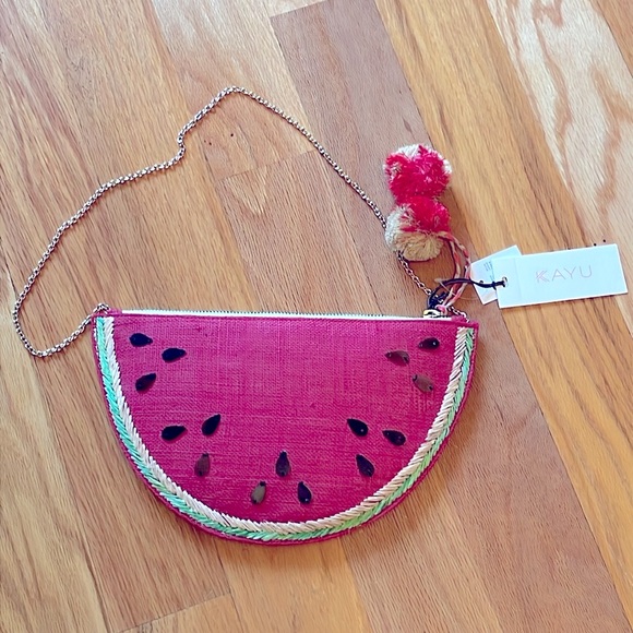 NWT J. Crew x Kayu Raffia Watermelon Clutch Red straw bag purse chain clutch - Picture 4 of 9
